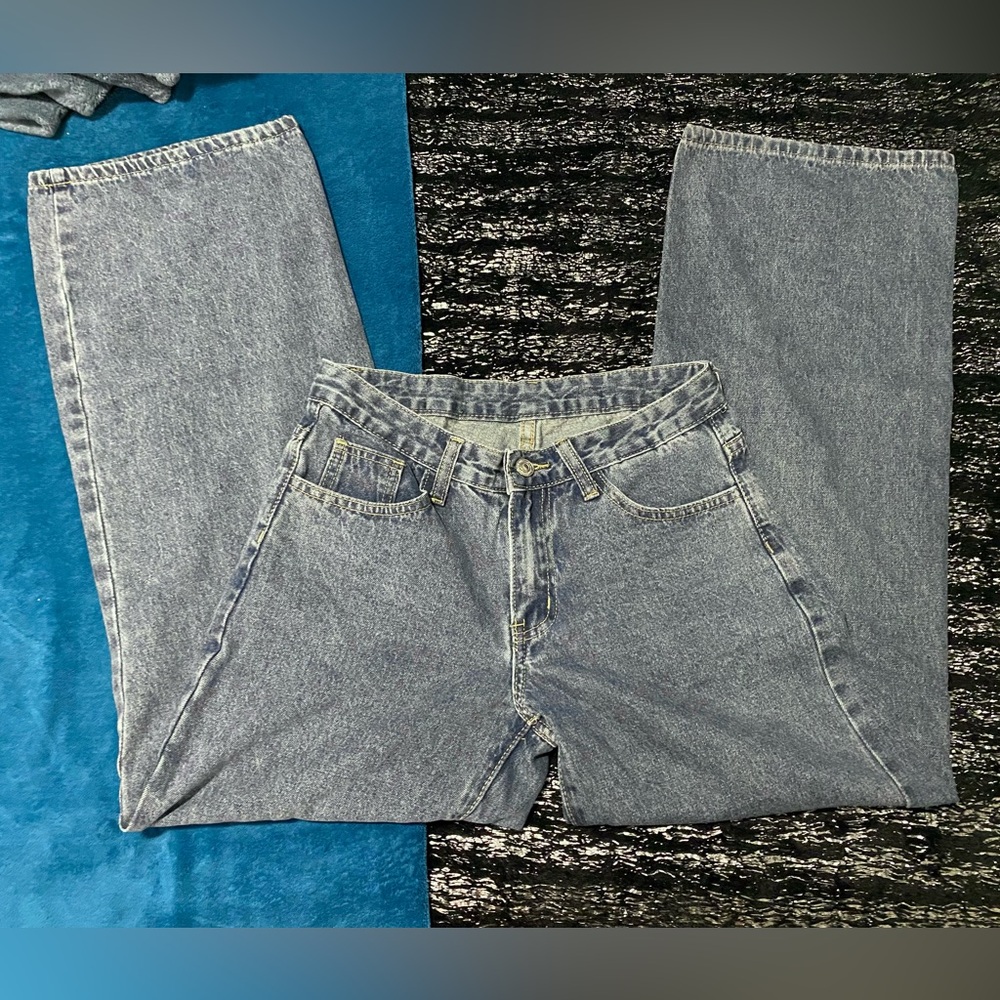 Grey high-waisted wide-leg jeans